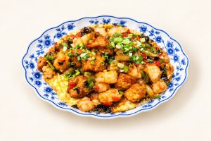90. Tofu sur Ardoise Crevettes et Sauce d'huître 铁板虾豆腐